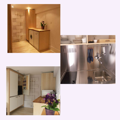 Photograph showing kitchen area and trendy radiator